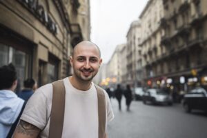 Ragazzo tricopigmentazione sulle strade di Milano 